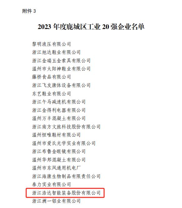 浩達(dá)智能獲評(píng)“2023年度鹿城區(qū)工業(yè)20強(qiáng)企業(yè)”